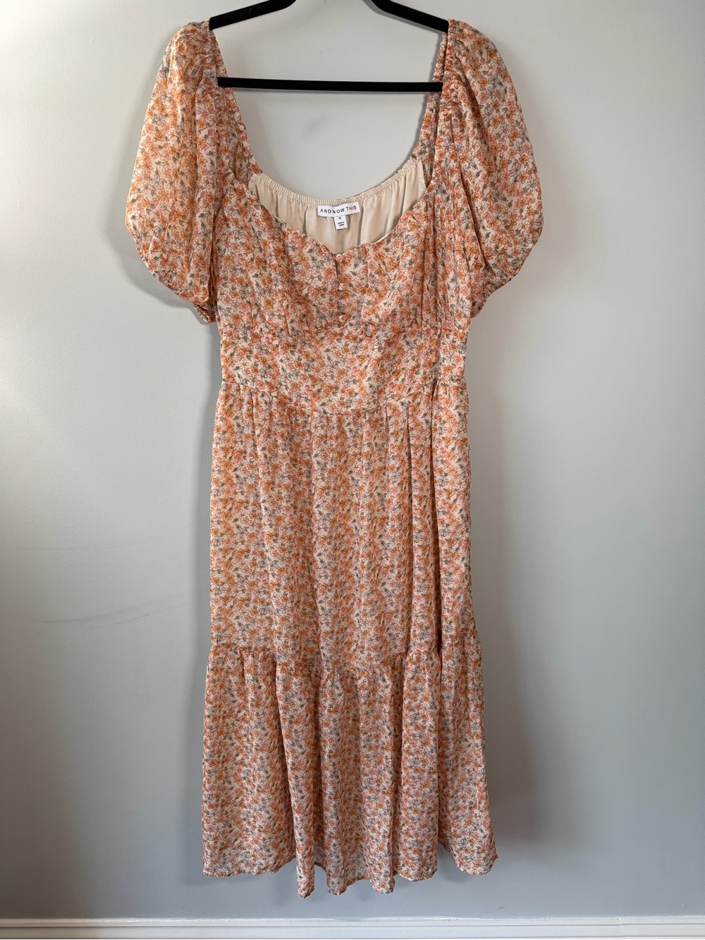 And Now This Peach Floral Puff-Sleeve Midi Dress